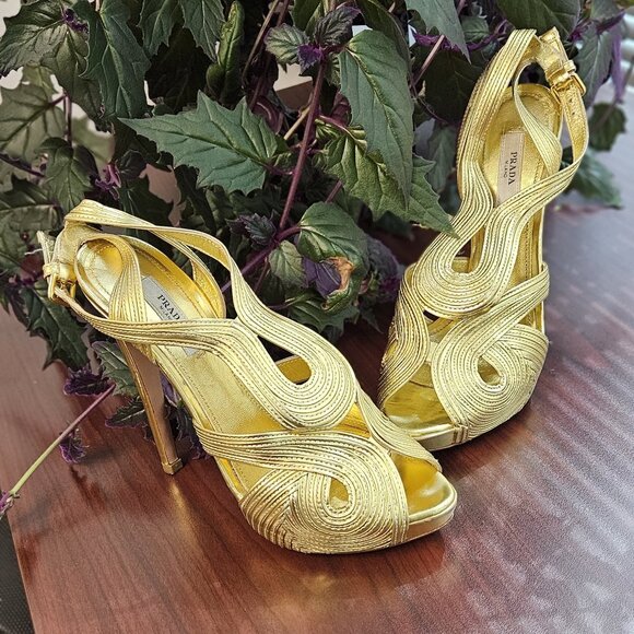Prada Metallic Gold Leather Peep Toe Ankle Strap Platform Sandals, Size 37.